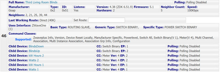 Homeseer configuration screen 1 for Z-wave motor control