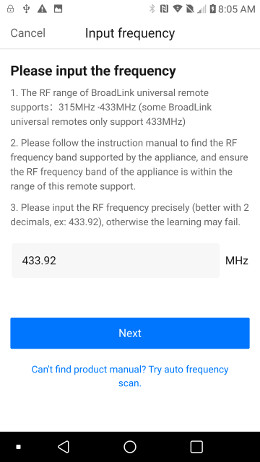 Broadlink app entry of blind motor RF receiver frequency-pix 20